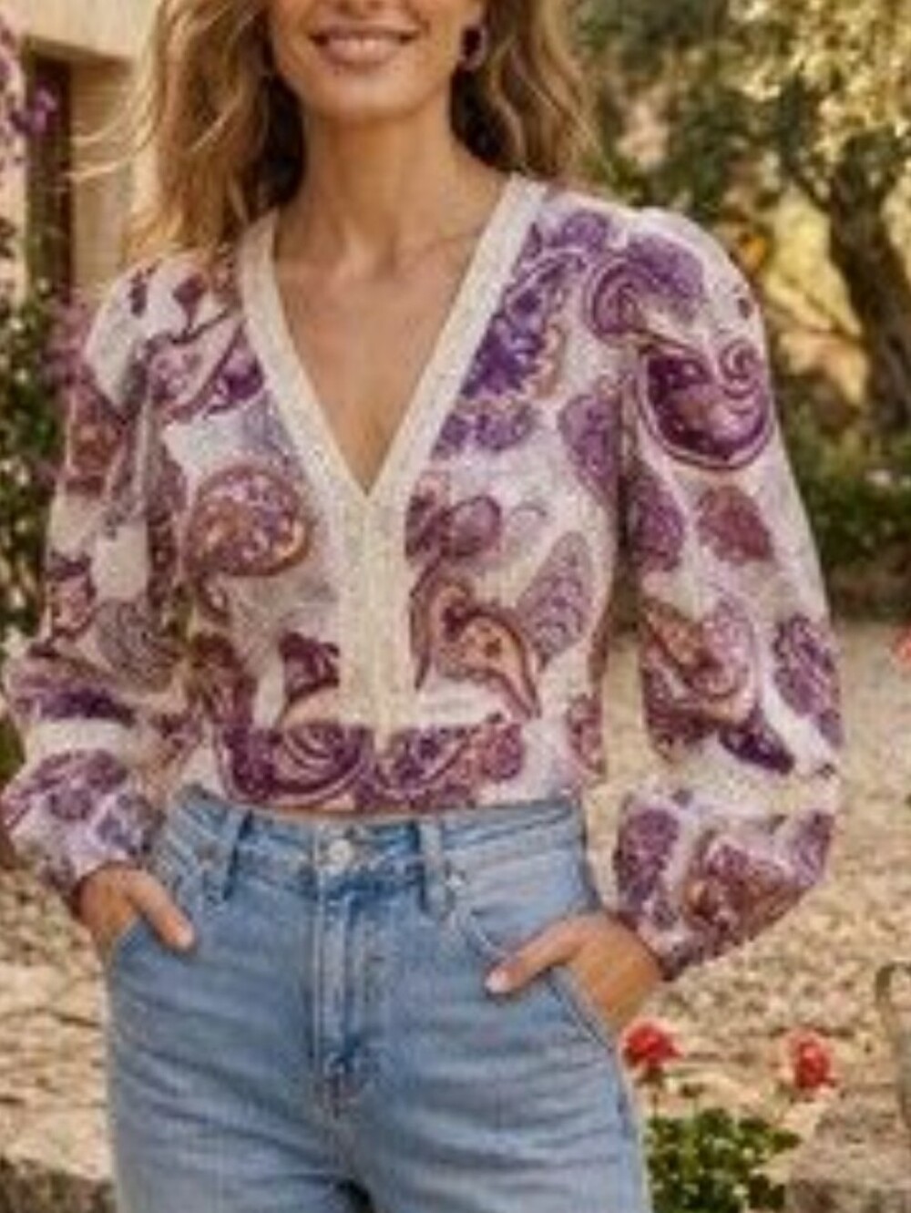 Band of the Free Mirabelle Paisley Lace Crop Top Small Blouse Purple Cream